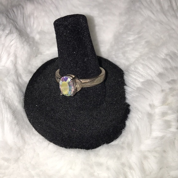 Genuine iridescent crystal set in sterling silver whale tail bezel ring - Picture 2 of 3